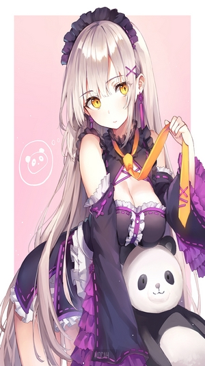 Anime Girl with Long Blonde Hair Holding Panda Plush