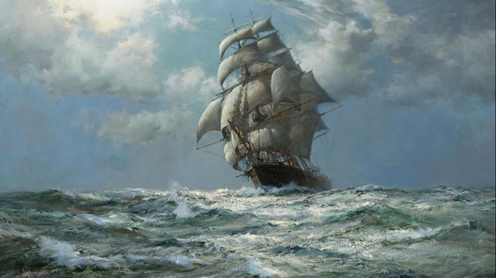 Painting of a tall ship sailing on a stormy sea