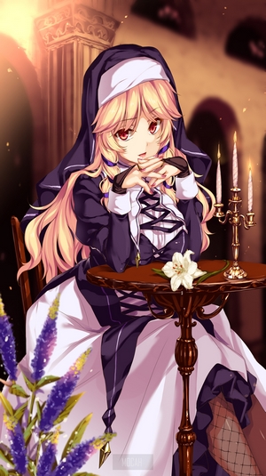 Anime girl in nun habit sitting at a table