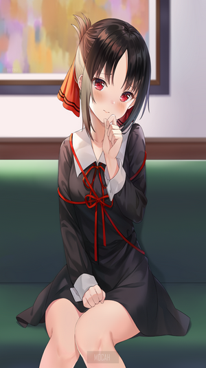 Kaguya Shinomiya Sitting with a Playful Smile