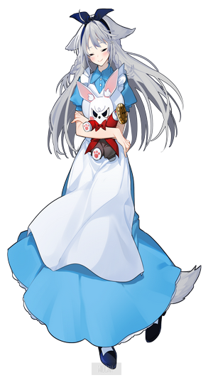 Anime girl in Alice in Wonderland dress holding a plush toy