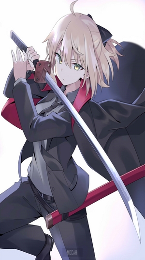 Anime girl with sword in suit