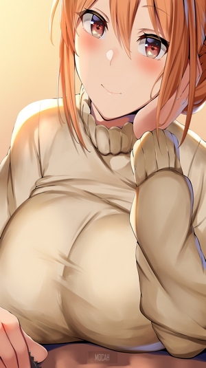 Anime girl in a sweater looking at viewer