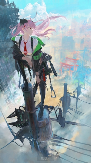Anime girl with pink hair and guns on a rooftop