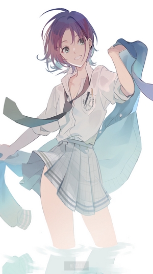 Anime girl in school uniform standing in water