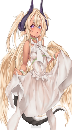 Anime girl with horns and wings in a white dress