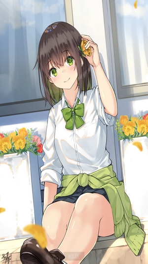 Anime girl with green eyes and brown hair holding a flower