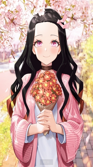 Nezuko Kamado from Demon Slayer holding flowers