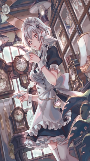 Anime Maid with Clockwork and White Bird
