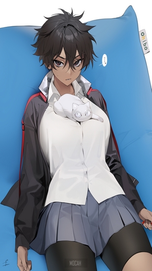 Anime girl with a white cat on a blue beanbag