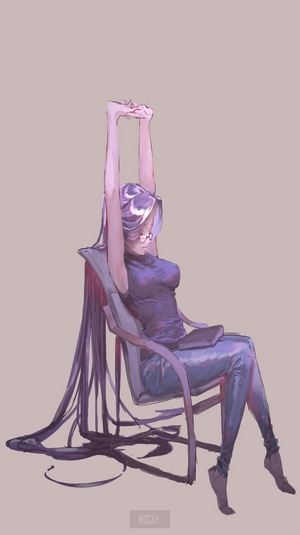 Rider from Fate/Stay Night stretching in a chair