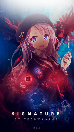 Anime girl with pink hair and blue eyes, signature by Tecnoanime