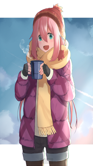 Nadeshiko Kagamihara from Yuru Camp holding a mug