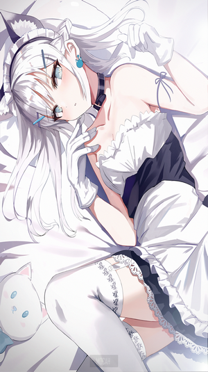Anime girl in maid outfit lying on bed with plush toy
