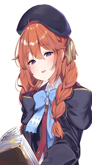 Anime girl with orange braided hair wearing a beret and uniform