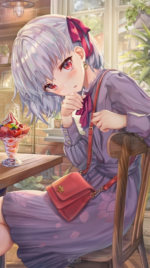 Anime girl with white hair and red eyes at a cafe