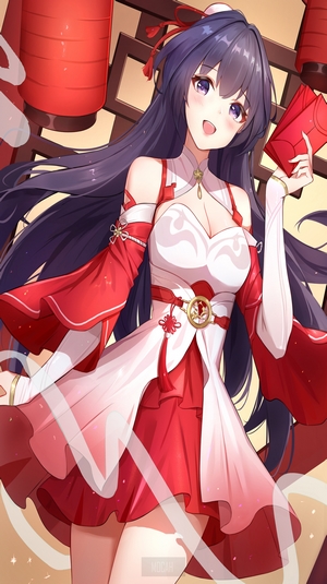 Anime girl in red and white dress holding red envelope