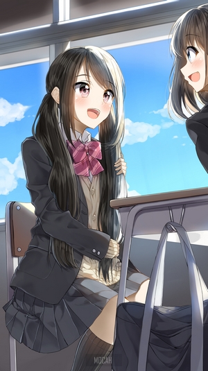 Anime girls in school uniforms talking in classroom