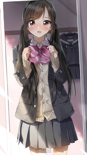 Anime girl in school uniform holding a bow