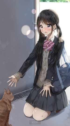 Anime girl in school uniform reaching for a cat