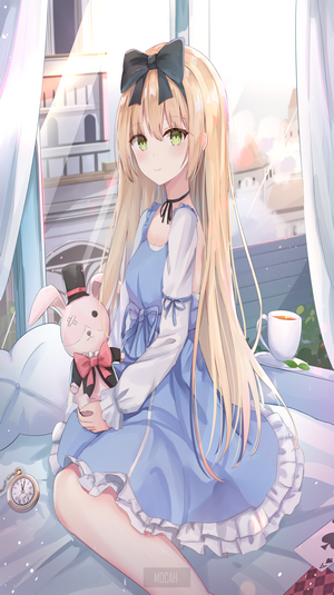 Anime girl in blue dress holding a stuffed rabbit