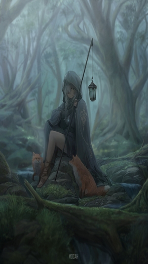Anime girl with foxes in a misty forest