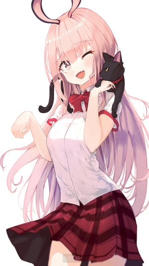 Anime girl with pink hair and a black cat