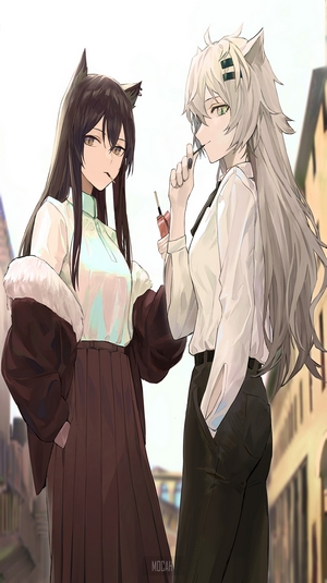 Two anime girls with animal ears standing outside