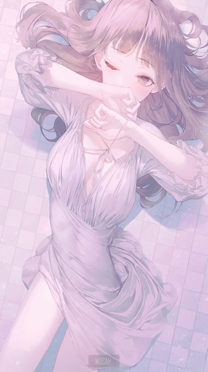 Anime girl in a white dress lying down