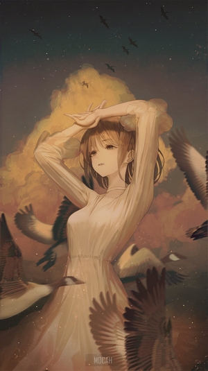 Anime girl with birds in the sky
