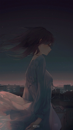 Anime girl on a rooftop at night