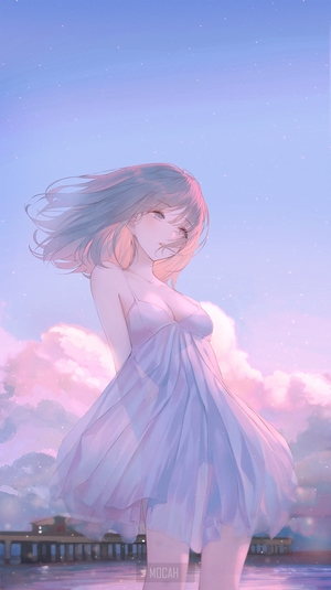 Anime girl in a flowing dress by the water