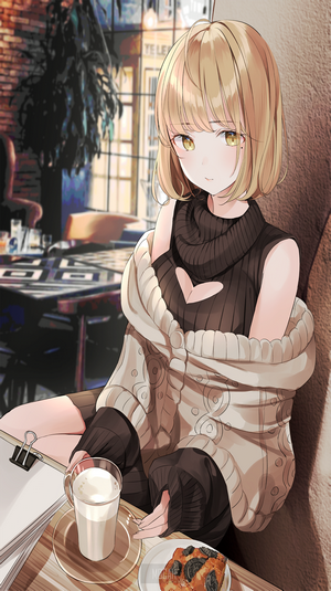 Anime girl with blonde hair and yellow eyes in a cafe