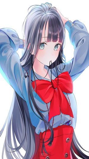 Anime girl with long dark hair and red bow