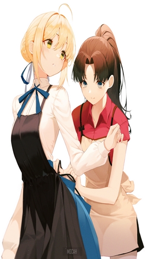 Saber and Rin Tohsaka from Fate/Stay Night wearing aprons