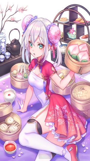Anime girl in a red dress with dim sum