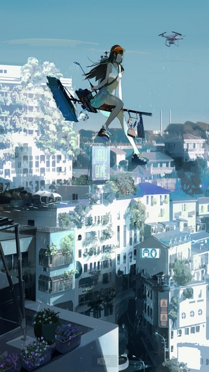 Anime girl flying over a city with a drone