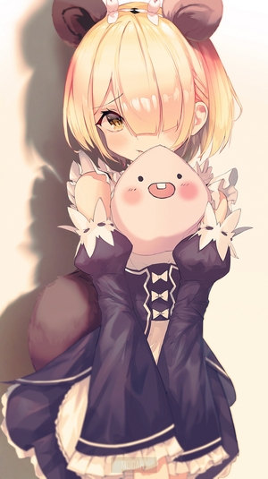 Anime girl with bear ears holding a plush toy