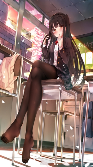 Anime Girl in Classroom with Pantyhose at Sunset