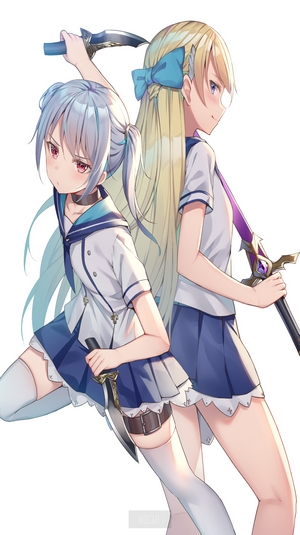 Two anime girls with swords and knives