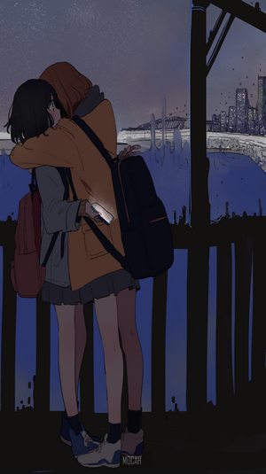 Two anime girls hugging at night with city in background
