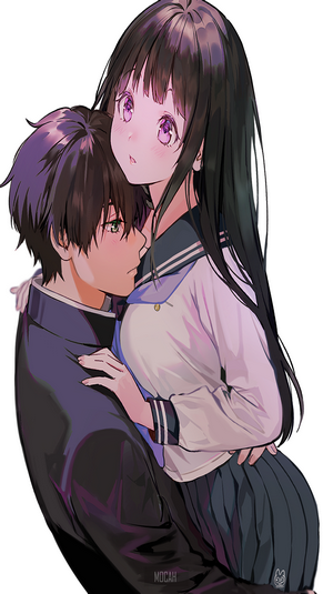 Hyouka Characters Oreki Houtarou and Chitanda Eru Embrace