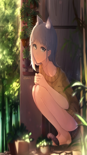 Anime girl with cat ears crouching by plants