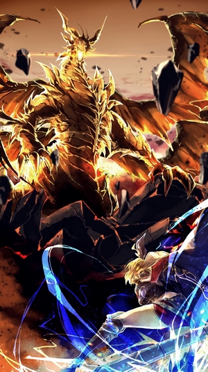 Djeeta from Granblue Fantasy fighting Bahamut