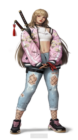 Anime girl with swords and pink jacket