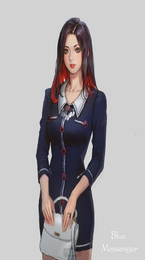 Anime girl with red streaks in hair holding a purse