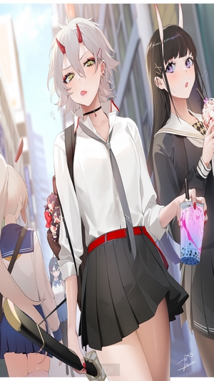 Anime girls in school uniforms with horns and bunny ears