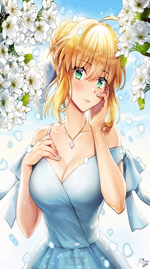 Blonde Anime Girl in Elegant Blue Dress