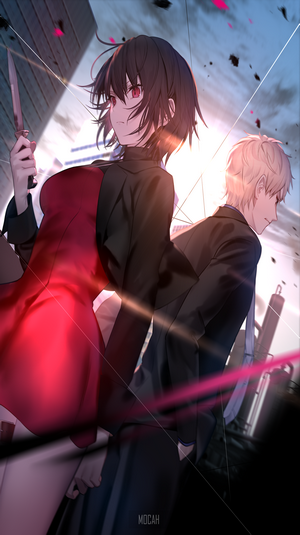 Anime girl with knife and man in suits