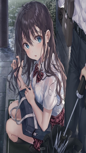 Anime girl in school uniform crouching in the rain